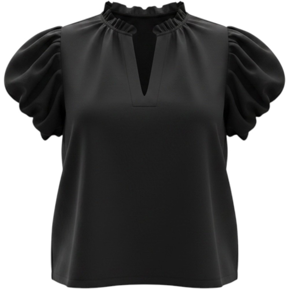 PrettyGarden Women Black Ruffle V Neck Puff Sleeve Poplin Blouse Top Large NWT